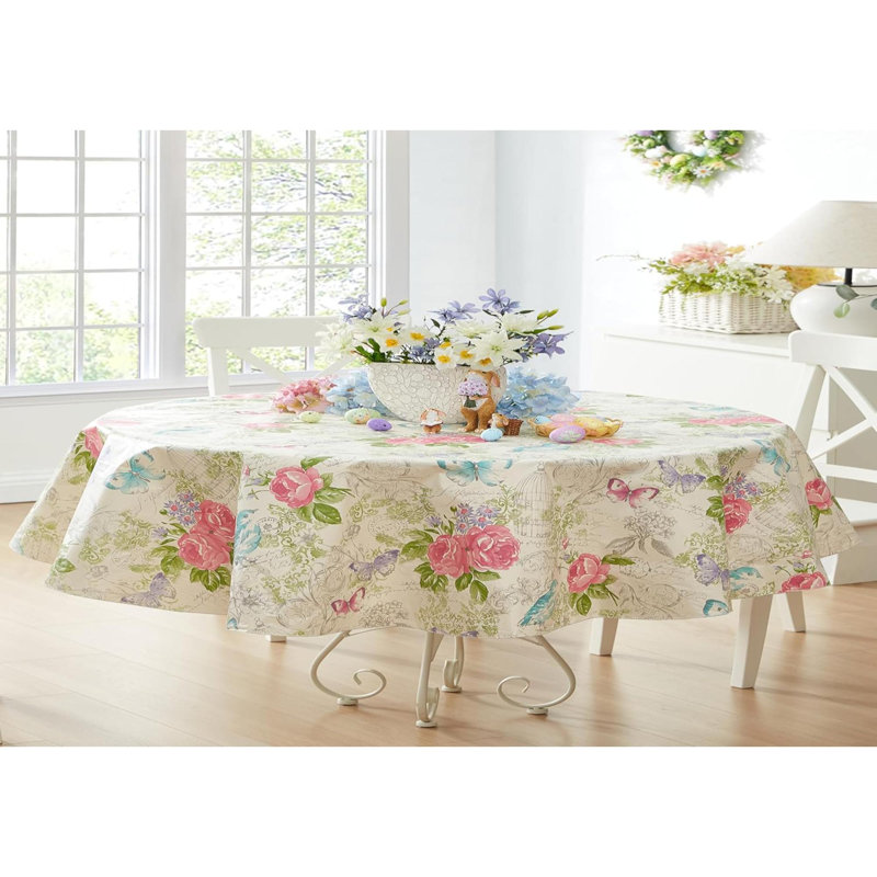 Easter Victoria Pastel Rose Floral Rectangle Vinyl Flannel Backed Tablecloth, Roses And Butterfly French Country Print Vinyl Tablecloth With Flannel Backing, Dining Party