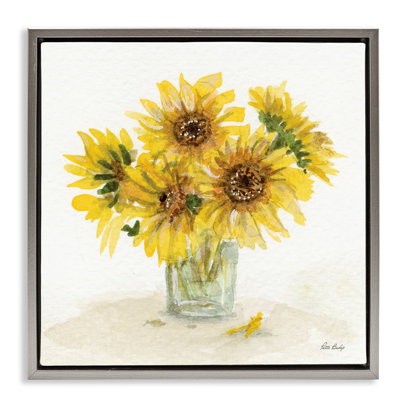 "Sunflower Jar", aquarelle encadrée par Patti Bishop, Cadre flottant gris lustré, H 25 po x l 25 po