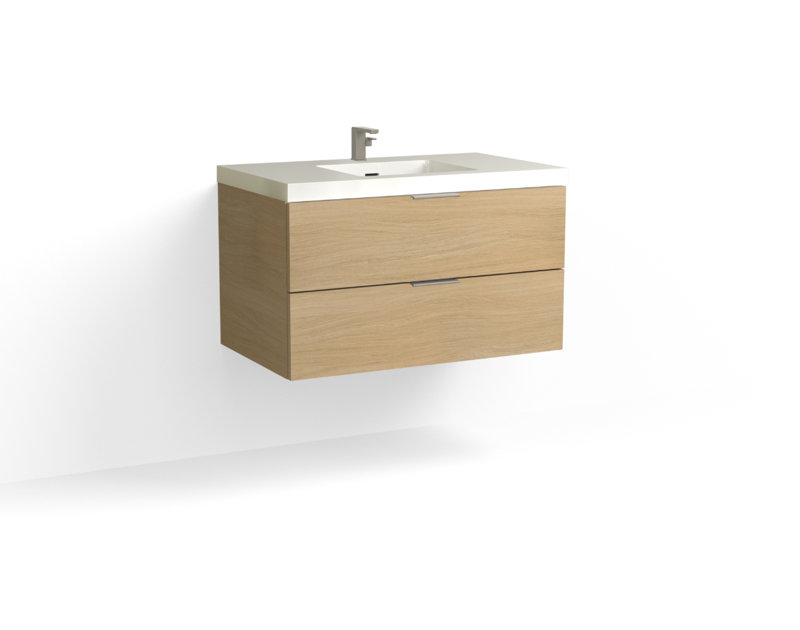 Avila 36" W Wall Mounted Single Bathroom Vanity, Matte White/8" Widespread, Biondo, Satin Nickel