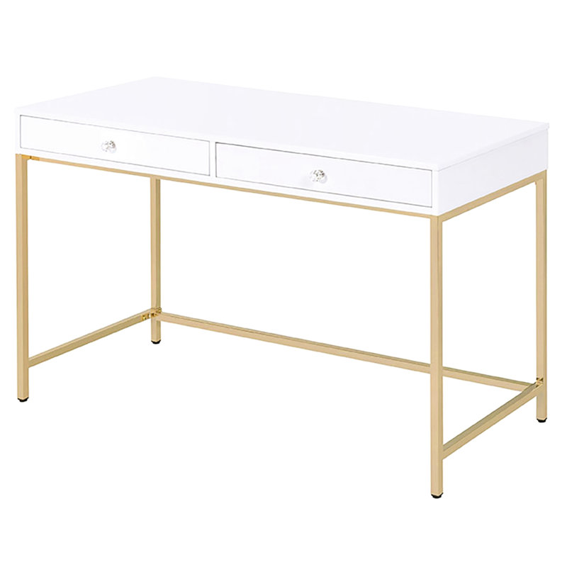 Bureau d'étude moderne blanc laqué avec accents dorés et piètement doré à finition brillante., 31.17" H x 21.09" W x 48.42" D