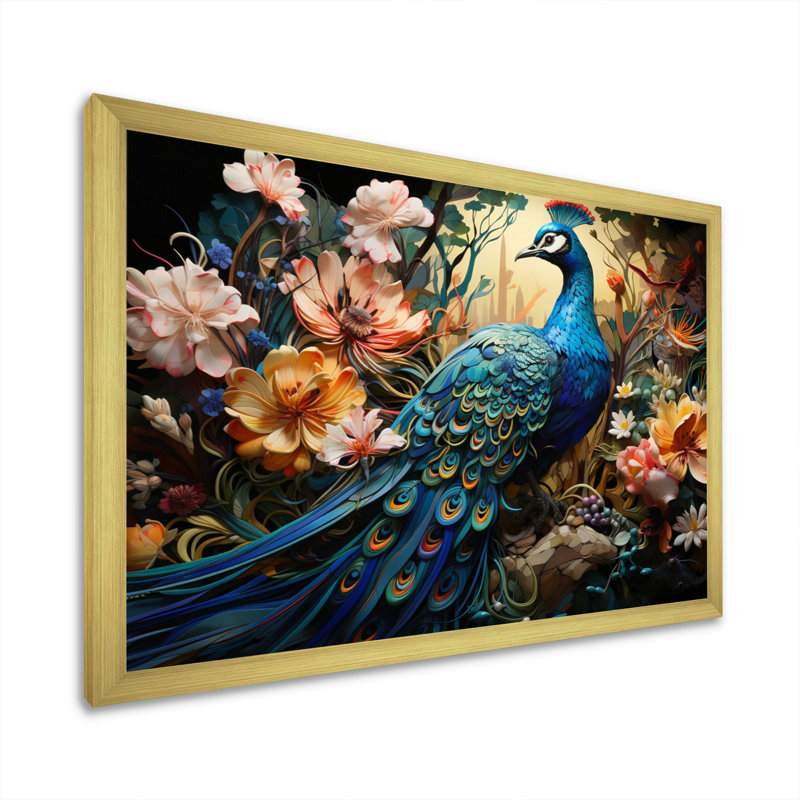 Teal Peacock Parade I - Peacock, reproduction d'art encadrée, H 24 po x l 32 po x P 1 po, Cadre doré simple