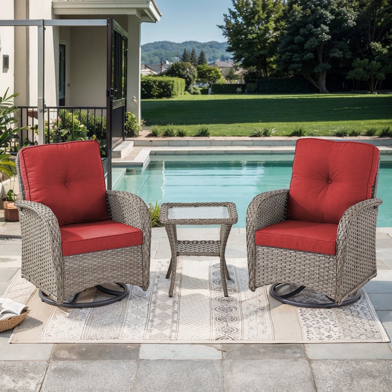 Chaises d'extérieur en rotin de rotin en osier PE avec table d'appoint et coussins Tya, Rouge