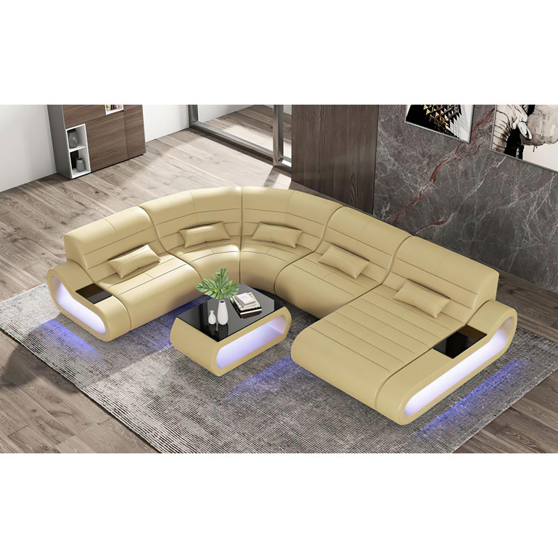 Canapé modulaire rembourré 5 pièces Ravshan, Accoudoir à droite (vu de face), Cuir véritable beige