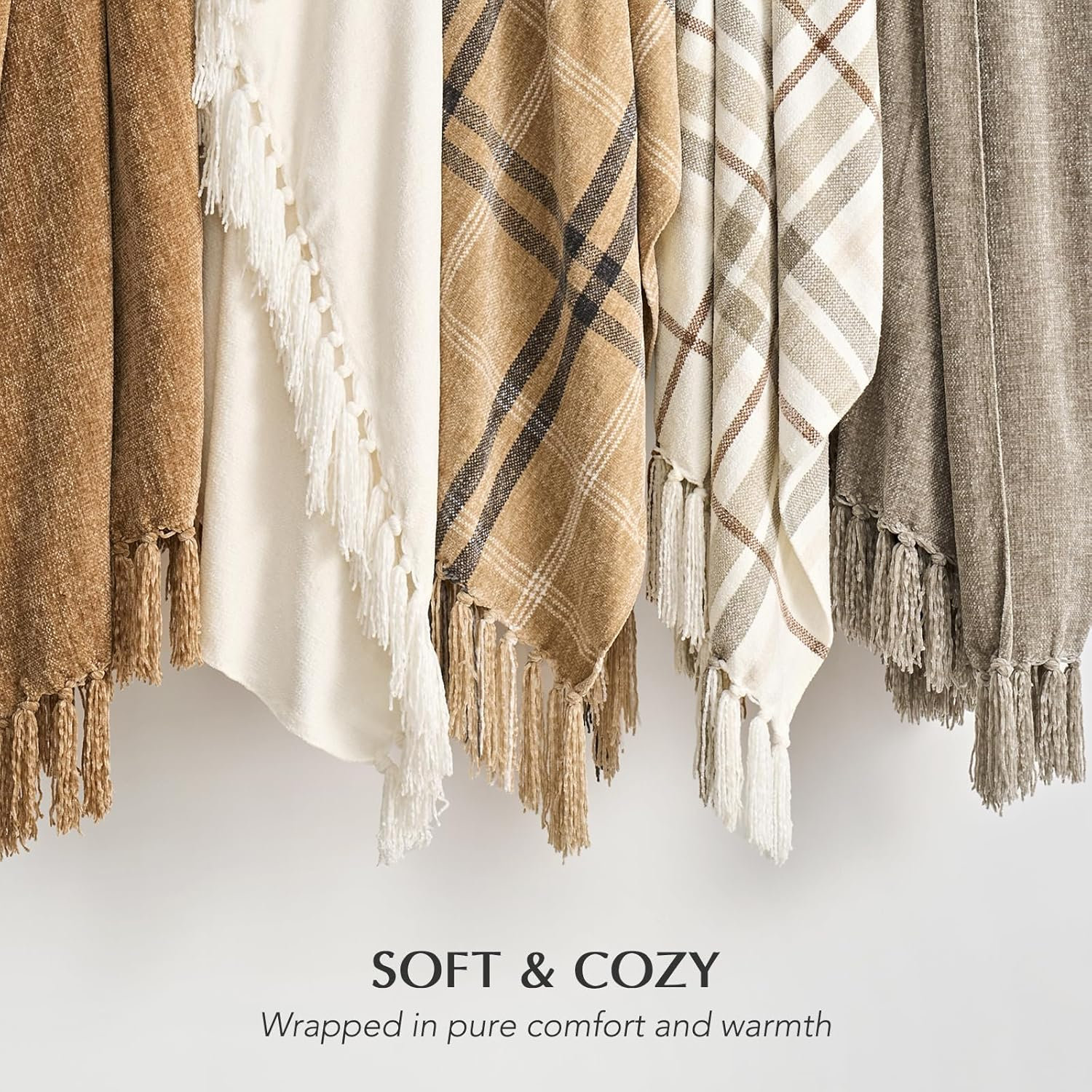 Chenille Throw Blanket, 60" L x 50" W, Cream/Beige Plaid