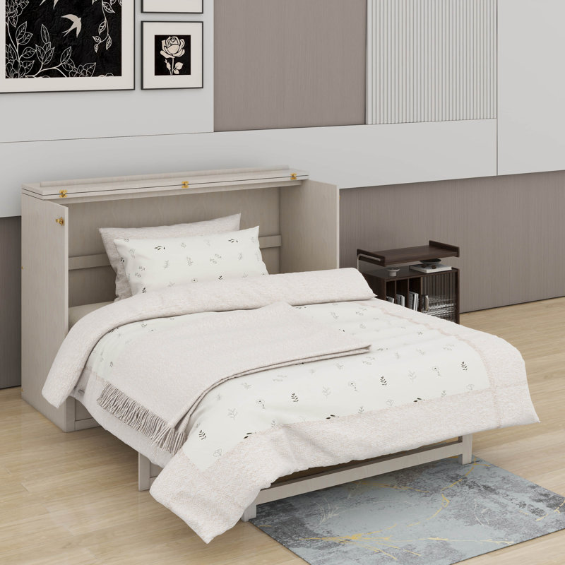Grand lit escamotable avec grand tiroir et ports USB, Blanc brossé