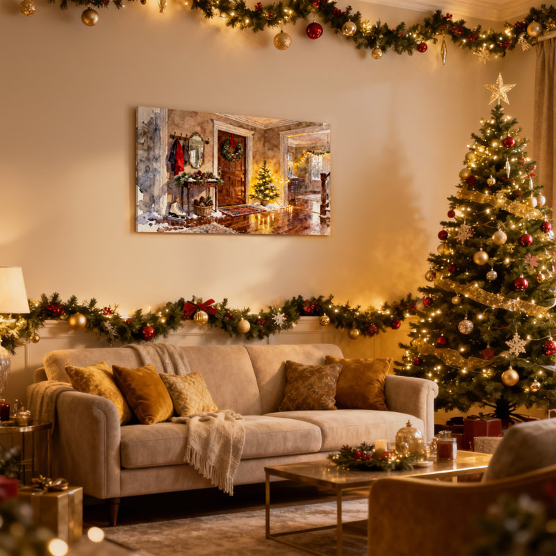 Ensemble de 3 impressions sur toile, entrée de Noël avec arbre et couronne, H 16 po x l 24 po