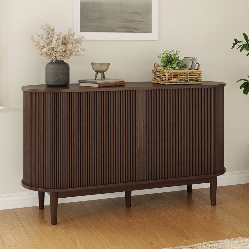  Leathia Kitchen Storage Cabinet with Sliding Tambour Doors and Adjustable Shelves , Sideboard with Rubber Wood Legs, Brown