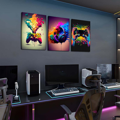 Gaming Room Decor Wall Art Set Of 3 - Video Gaming Controller Gamer Wall Decor, Gaming Canvas Poster Room Decor For Room Kids Game Room Bedroom Framed