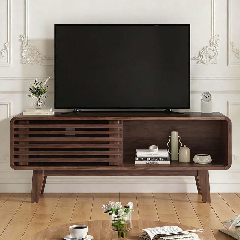 Mid-Modern Century TV Stand for TVs Up to 59 Inches with Sliding Door and Storage Cabinet, Ideal for Living Room and Bedroom