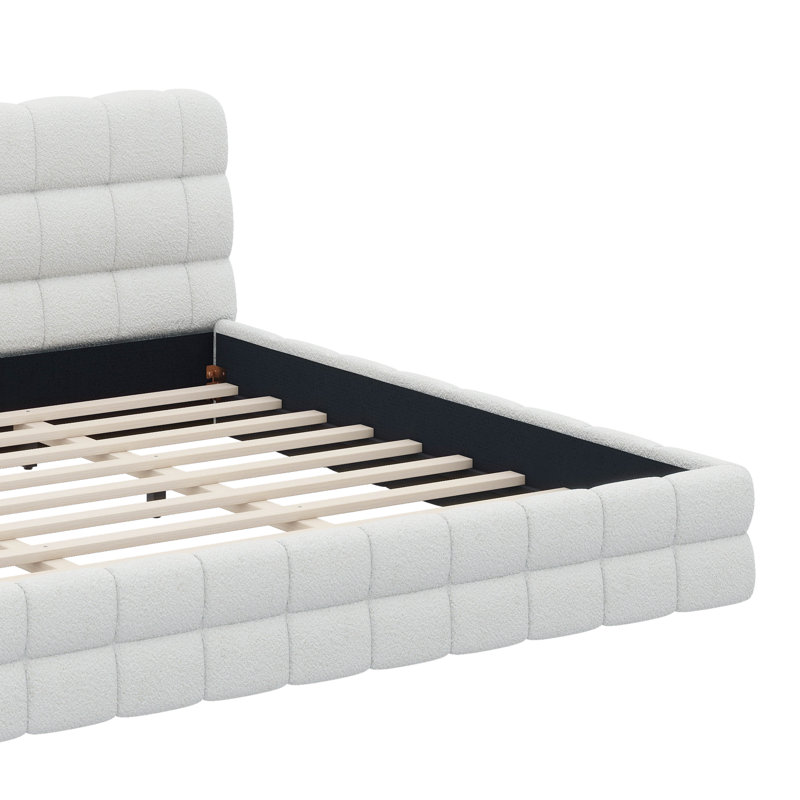Structure de lit très grand, lit plateforme rembourré avec tête de lit, molleton berbère moelleux, design contemporain, Blanc