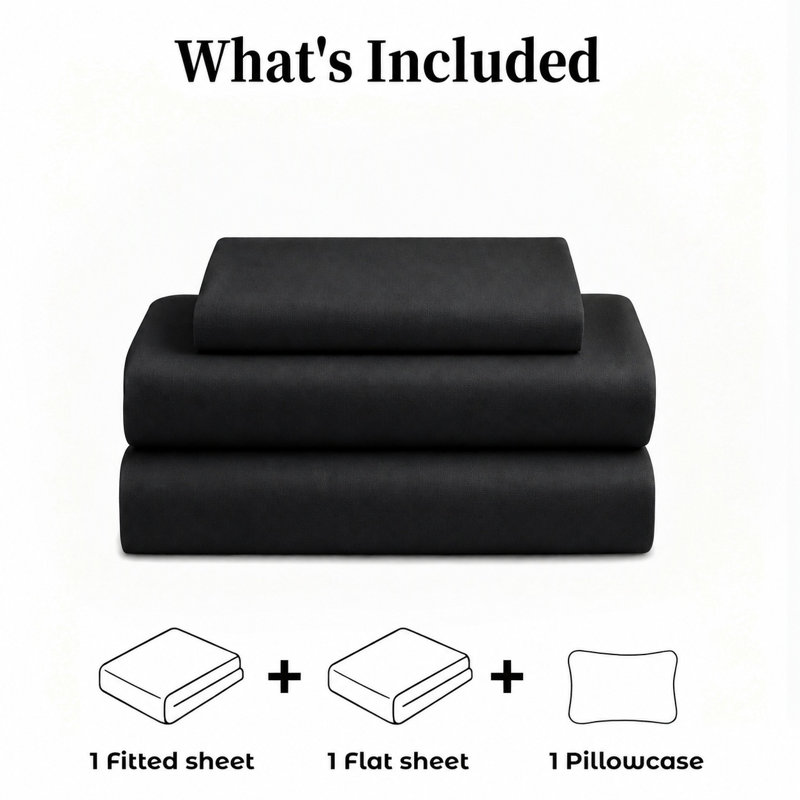 Ensemble de draps en coton 3 pièces pour lit simple, draps respirants et rafraîchissants, literie douce inspirée des hôtels, draps noirs de luxe avec bonnet profond de 40 cm, infroissables et faciles d'entretien.