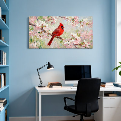 Animals Red Cardinal On Cherry Blossom Branch