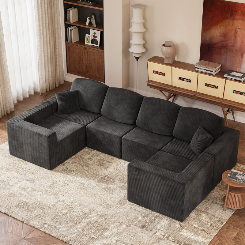 Boneless L-Shaped Modular Sectional Couch, Cloud U-Shaped Sectional Sofa with Wide Armrest, Black Corduroy