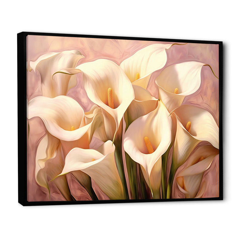 Crème de lis crème rose sur toile, Cadre flottant noir, H 24 po x l 32 po x P 1 po