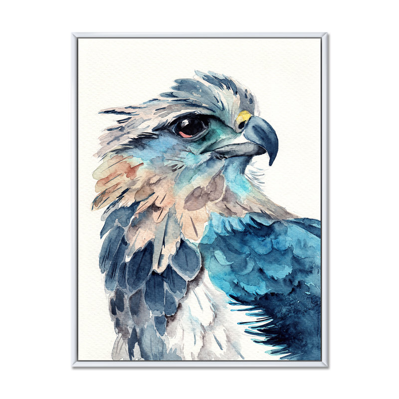 Portrait d'un aigle bleu - peinture sur toile, H 40 po x l 30 po, Cadre flottant blanc