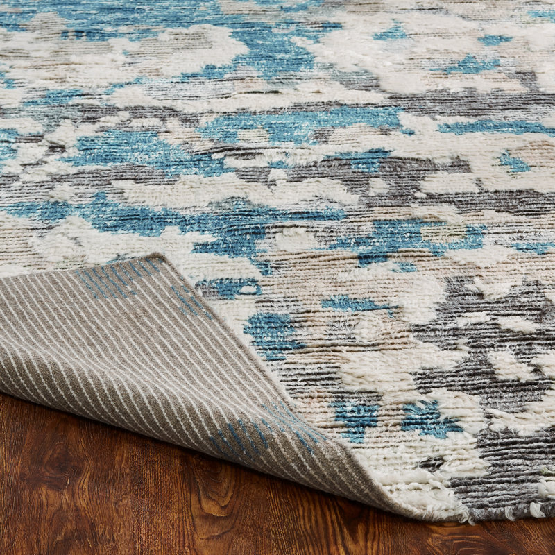 Belue Hand Knotted Wool Abstract Area Rug in Blue, Rectangle 9'6" x 13'6"
