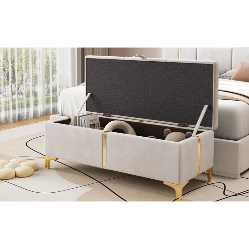 Élégant repose-pieds de rangement rembourré, banc de rangement avec pieds en métal pour la chambre à coucher, salon, entièrement assemblé sauf les pieds