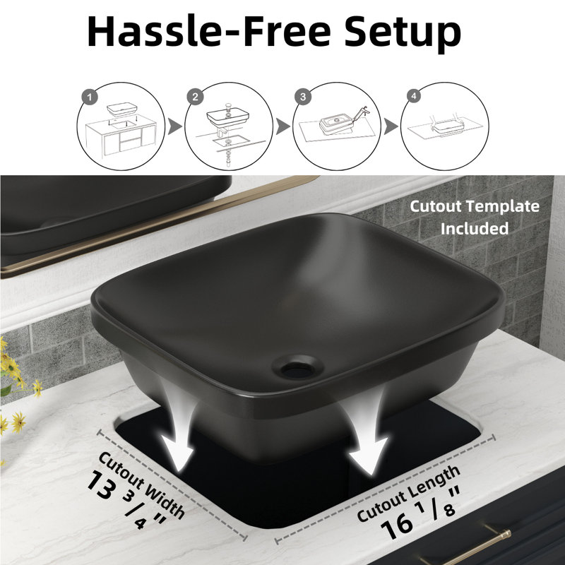 Los Flexi Semi Recessed Vessel Sink, Rectangular Ceramic Drop In Bathroom Sink with Pop-up Drain, 17" L x 15" W, Matte Black