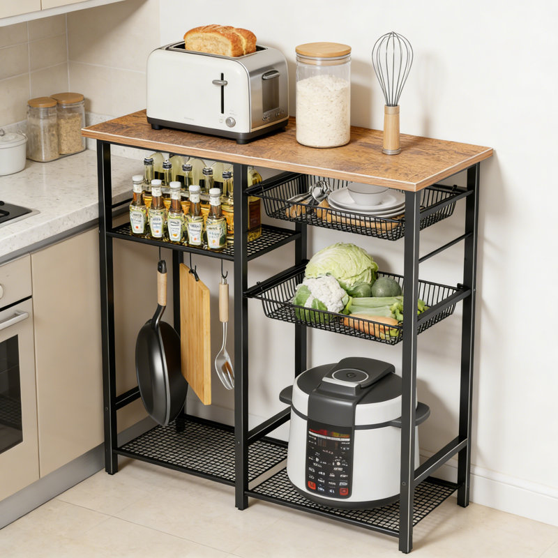 Étagère de cuisine de cuisine avec rangement, support à micro-ondes à 3 niveaux et station de café avec paniers coulissants et crochets en S, tablette de rangement brun rustique