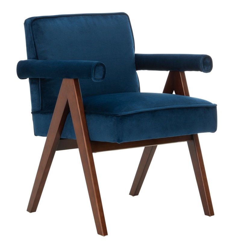 Fauteuil Towslee, Noyer, Velours bleu marine