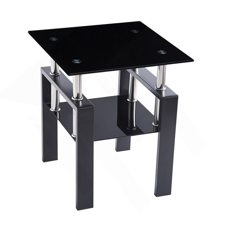 Table de canapé en verre trempé noir, table de bout à 2 niveaux avec rangement, table d'appoint de salon, 1, Noir, Noir