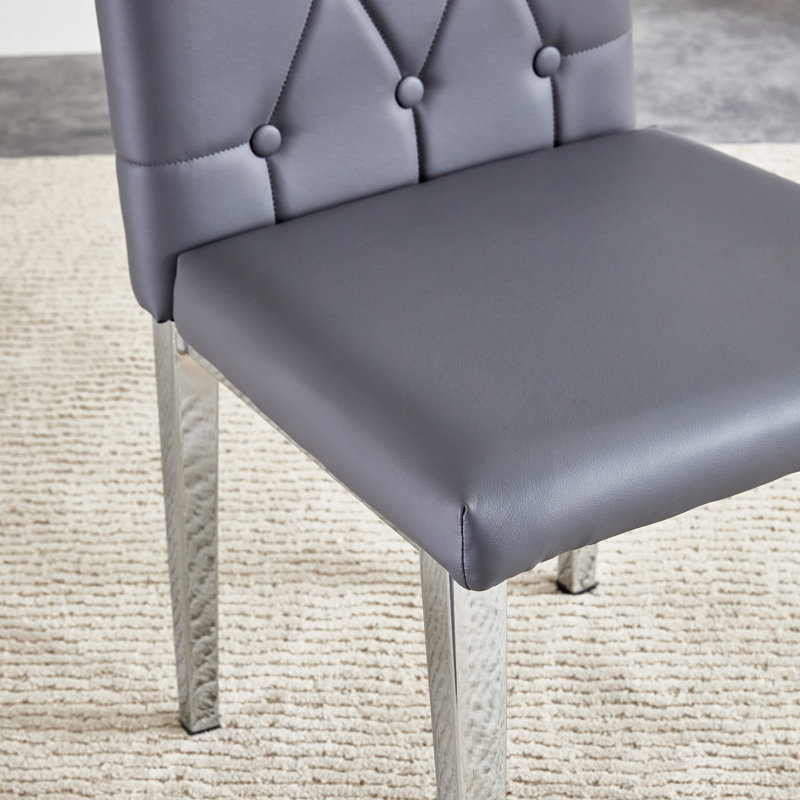 Set of 2 Gray Upholstered High Back Dining Chairs with Metal Legs