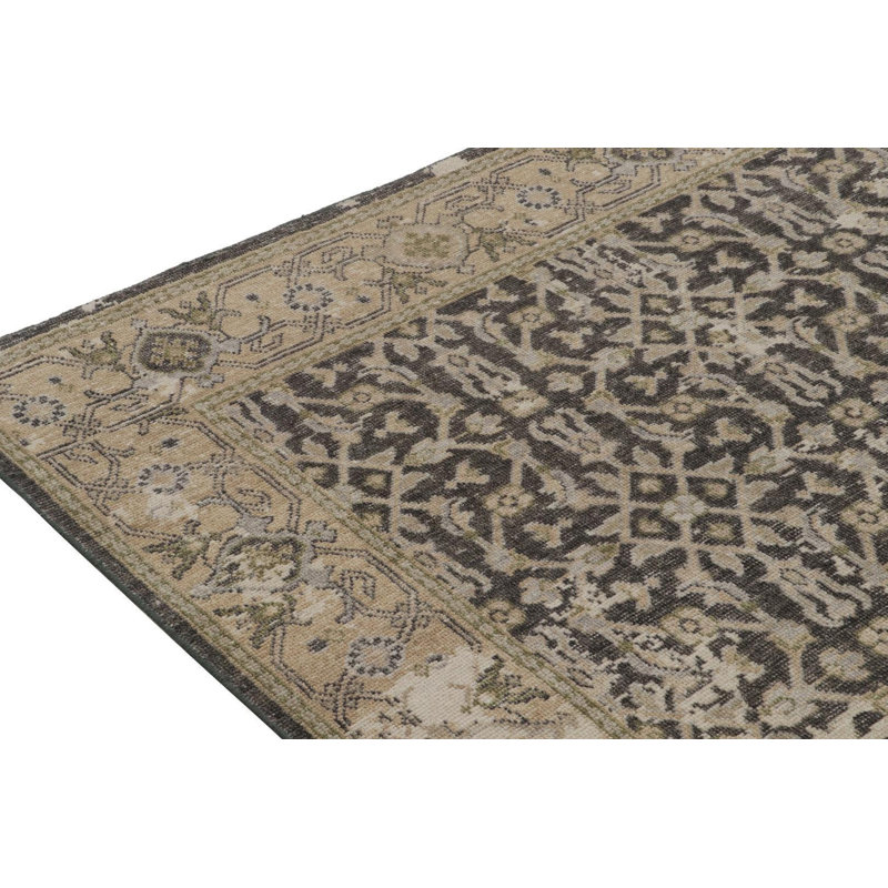 Rug & Kilim’S Distressed  Runner In Black With Beige Herati Pattern, Runner 2'6" x 10'