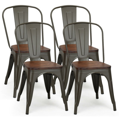  Set of 4 Stackable Dining Chairs, 18 Inch Seat Height, Metal and Wood Chairs with Heavy-Duty Iron Frame, Dark Green