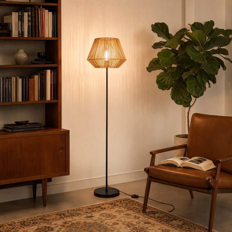Lampe sur pied en corde en forme de diamant fabriquée à la main avec base en métal noir, style moderne bohème, compatible E26 à DEL