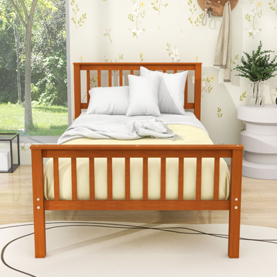 Lit plateforme simple en bois avec pieds centraux, tête et pied de lit