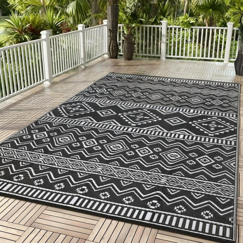 9x12 FT Black/White Reversible Outdoor Waterproof Rug, Plastic Straw RV Mat, Stain Resistant Indoor Outdoor Carpet for Patio Deck Balcony Picnic Beach