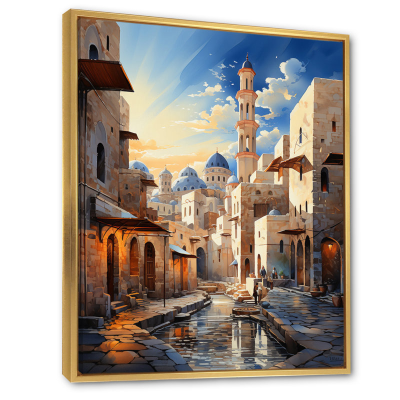 Lyonnie, l'islam, minaret hauteurs sur toile, H 40 po x l 30 po x P 1,5 po, Cadre flottant doré