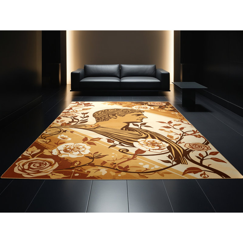 Tapis floral moelleux et doux en tissu brun classique Nikolas, 7 x 10