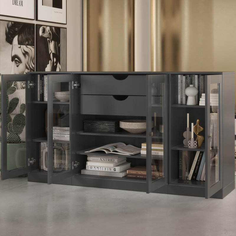 100% Solid Wood 65" Sideboard with Clear Glass Doors, 2-Drawers and Adjustable Shelves, Gray
