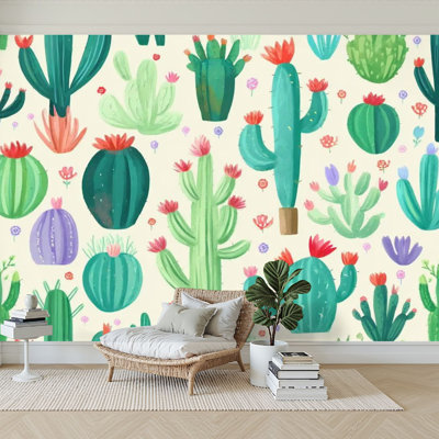 Peel and Stick Wallpaper 144" W x 100" H Modern Self Adhesive Wall Mural for Bedroom Seamless Tileable Cactus Succulents