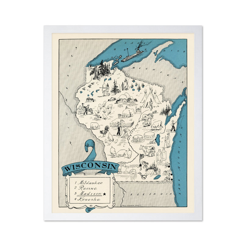 Carte illustrée du Wisconsin, Affiche, H 18 po x l 24 po, Encadrement blanc
