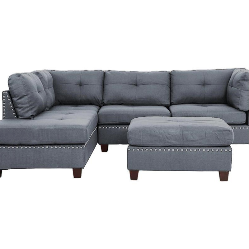 3 pièces Canapé modulaire avec coussins réversibles, Face à la droite, Tissu gris clair / bleu