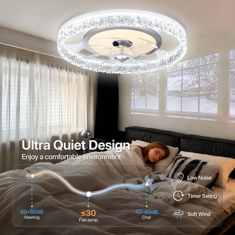 Glacier Crystal Ceiling Fan Light Remote & App, 3CT 6-Speed Reversible DC Motor, Bedroom/Living Room