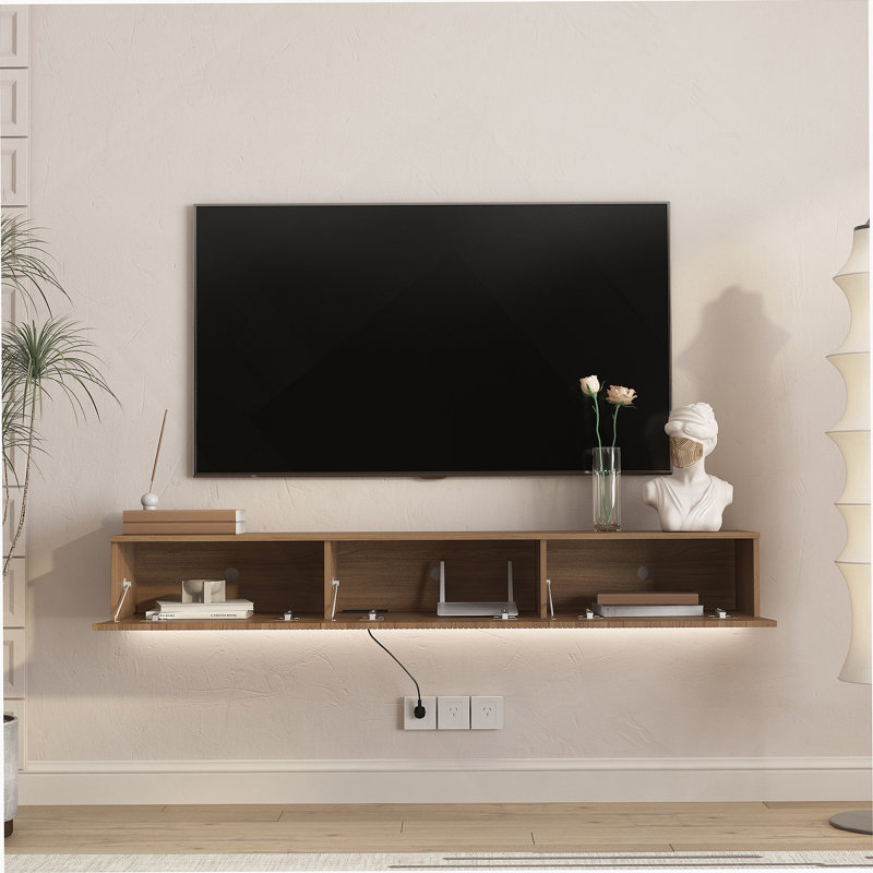 Meuble télé flottant, meuble télé mural avec 16 DEL de couleur pour téléviseur de 65 po, Brun