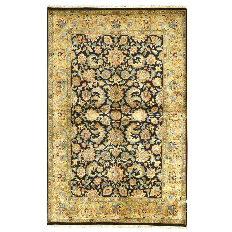 Hand Knotted Wool Oriental Area Rug in Black And Gold