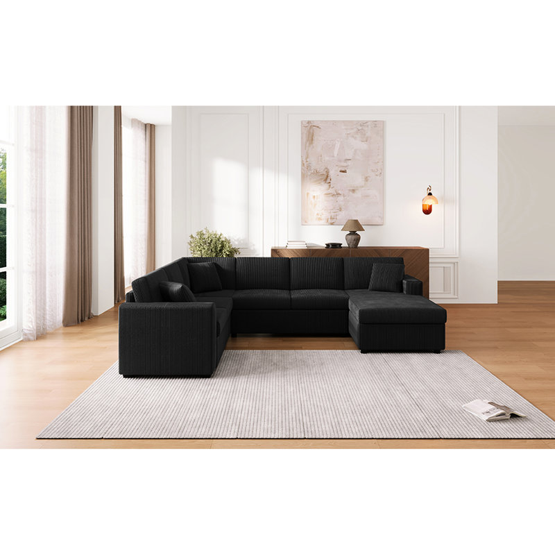 Black U-Shaped Sectional , Luxurious Corduroy, Convenient Chaise Lounge, Three Pillows, For Listening To Music Taking A Nap