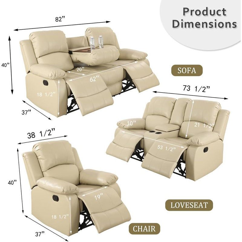 Beige Faux Leather 3-Piece Reclining Sofa Set with Cup Holders