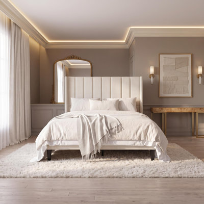 78"L x 55.5"W x 52"H Full Bed Frame with Upholstered Headboard and Charging Ports, Vertical Striped Tufted Platform Bed for Bedroom Guest Room, Metal and Engineered Wood, Cream