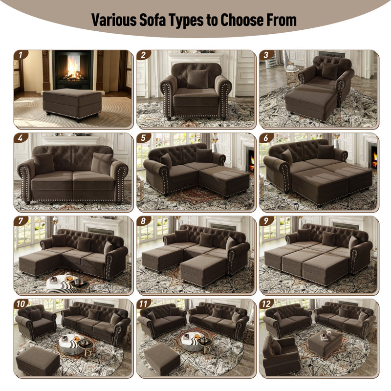 Canapé Chesterfield en velours de style moderne du milieu du siècle, avec accoudoirs arrondis, capitonnage à boutons et garniture cloutée.