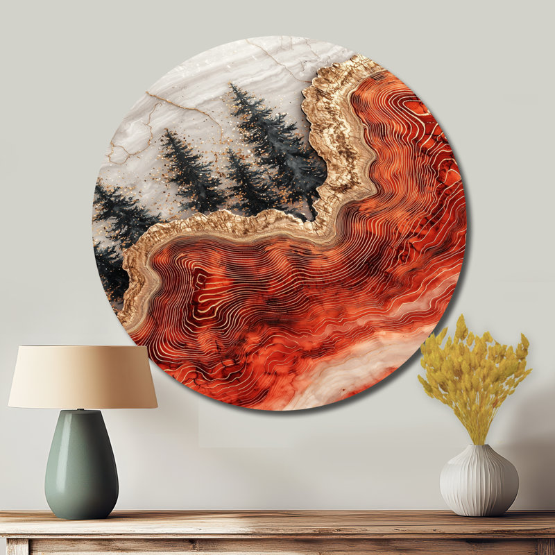 Forêt, chemin, opale de feu, rivière en pierre II - forêt, art mural rond en métal, H 16 po x l 16 po