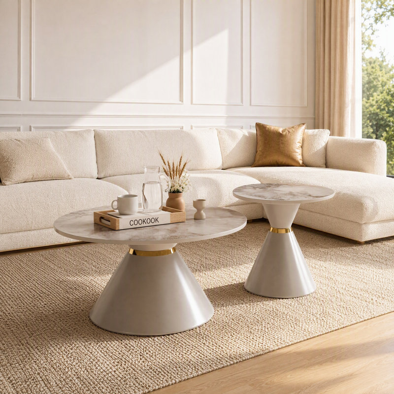 Ensemble de 2 tables basses rondes avec plateau en pierre frittée et base piédestal, Kaki