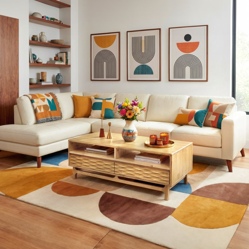  Acacia Elara 47.2”W Coffee Table Storage, Solid Rubber Wood, Suitable for Living Room, Home Office with 2 Drawers and Open Design, Easy Setup