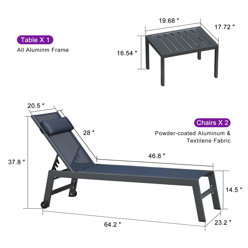 Laylaann Outdoor Powder Coated Aluminum Single chaise, Navy Blue