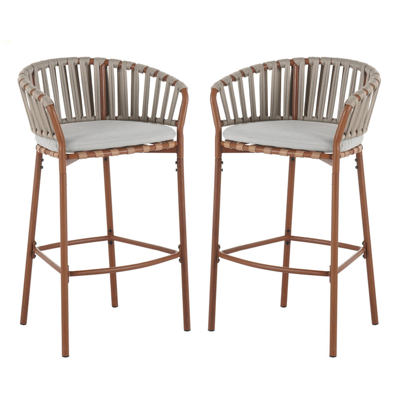 Lodi Outdoor Metal Rope Barstool, Teak Finished Frame And Beige Cushion, Set Of 2