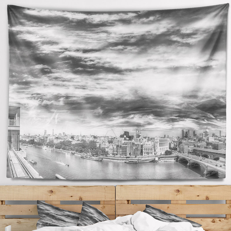 Tapisserie de londres panoramique noir et blanc cityscape, H 68 po x l 80 po